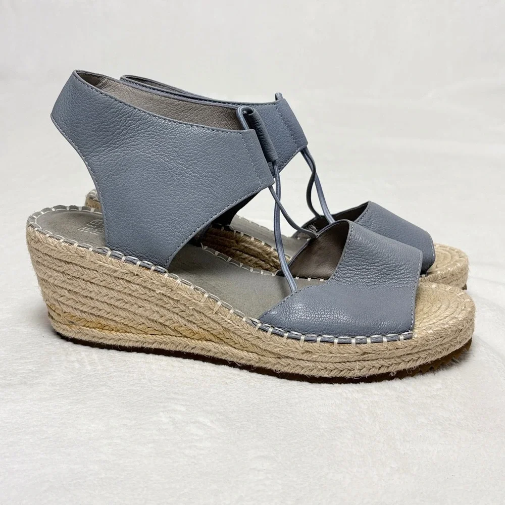 Eileen Fisher Blue Leather Espadrille Wedge Sandals Minimalist Quiet Luxury Sz 9
